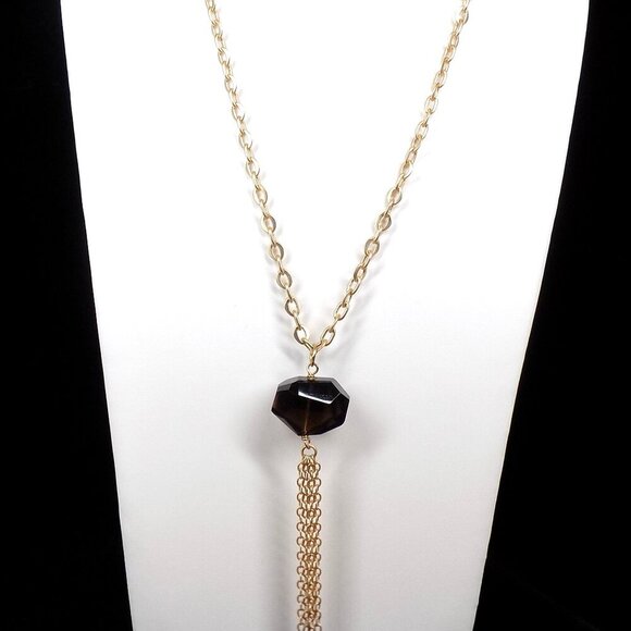 Aureus + Argent Big Brown Stone Pendant Necklace Tassel 28" Long Gold-tone - Picture 1 of 9